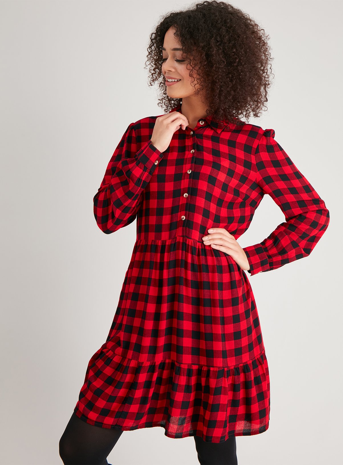 Womens Red Check Tiered Shirt Dress ...
